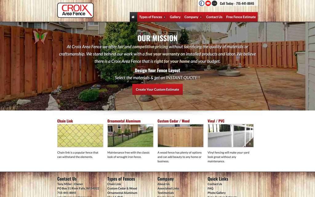 The Croix Area Fence website home page on a desktop screen