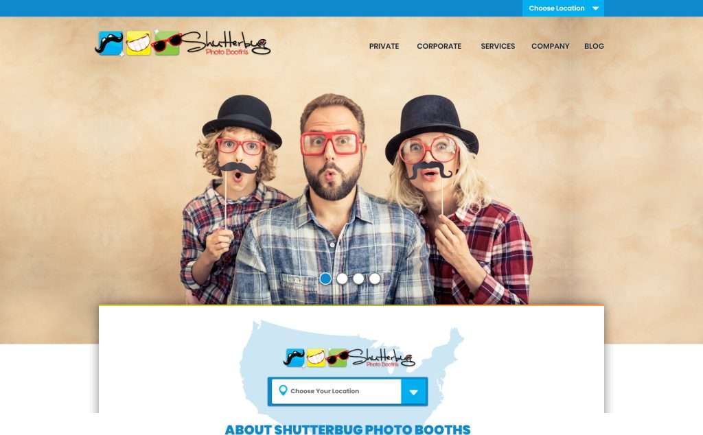 The Shutterbug Photo Booths website home page on a desktop screen