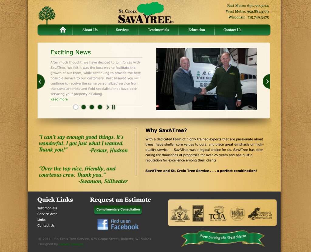 The St. Croix Tree Service website home page on a desktop screen