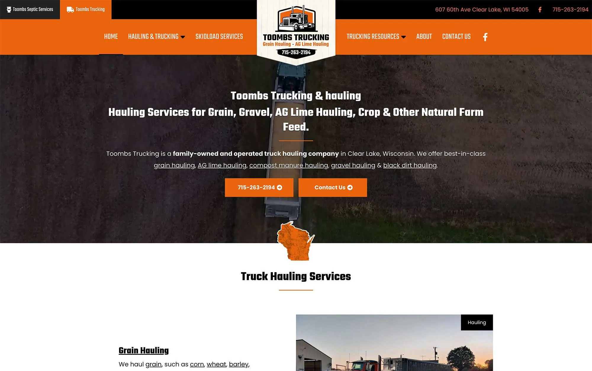 The Toombs Trucking website home page on a desktop screen