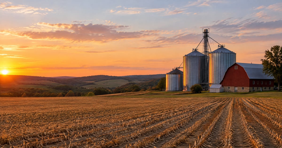 Grain bins and a red barn beside a harvested field at sunset