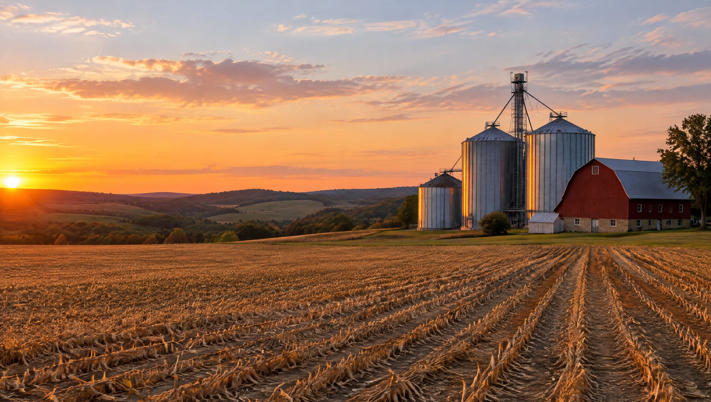 Grain bins and a red barn beside a harvested field at sunset