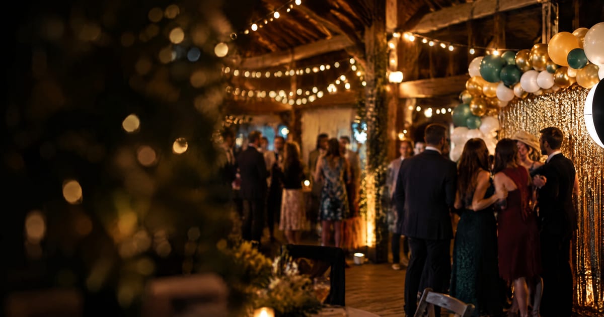 Guests at an evening barn party with string lights and balloons