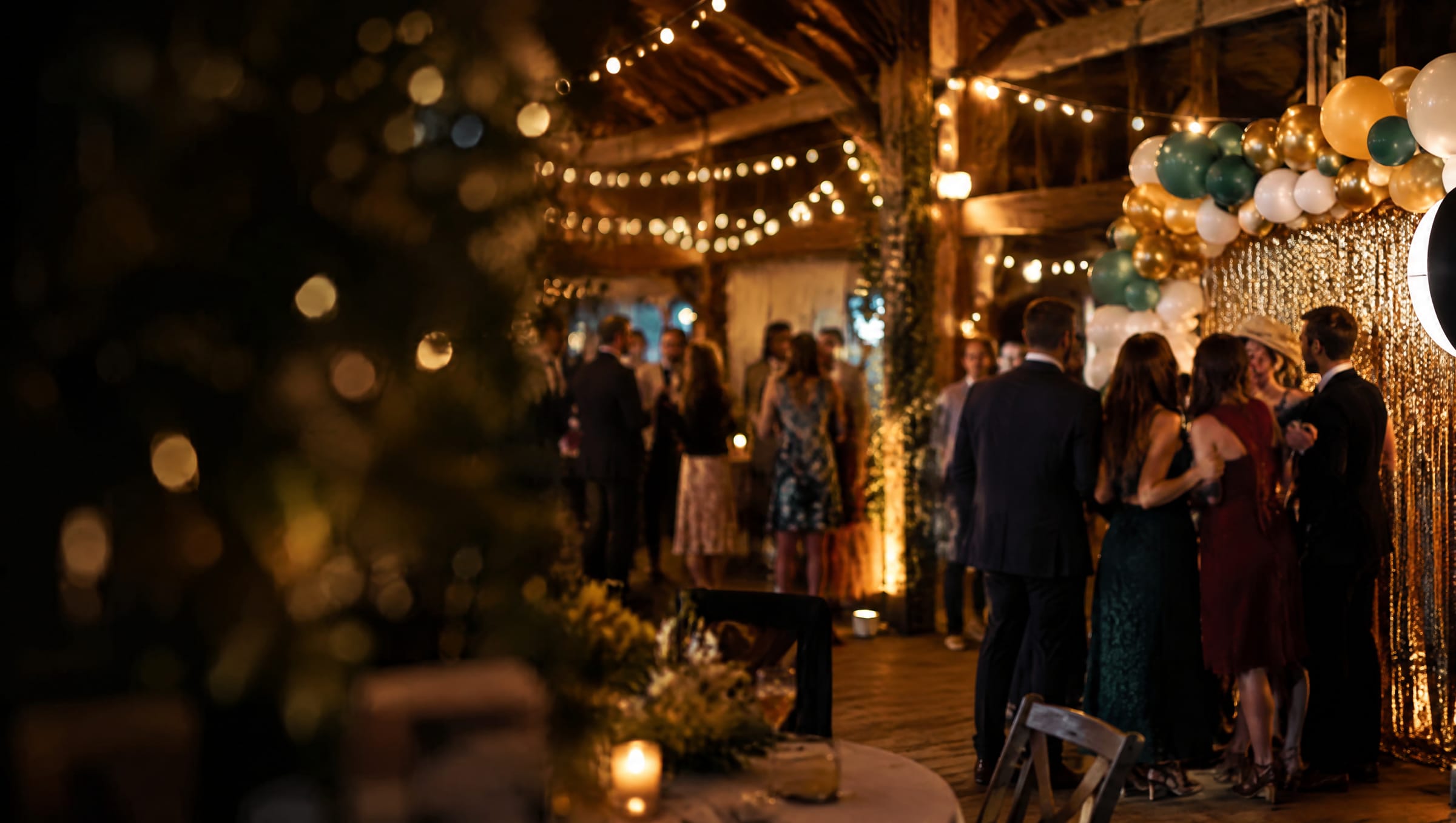 Guests at an evening barn party with string lights and balloons
