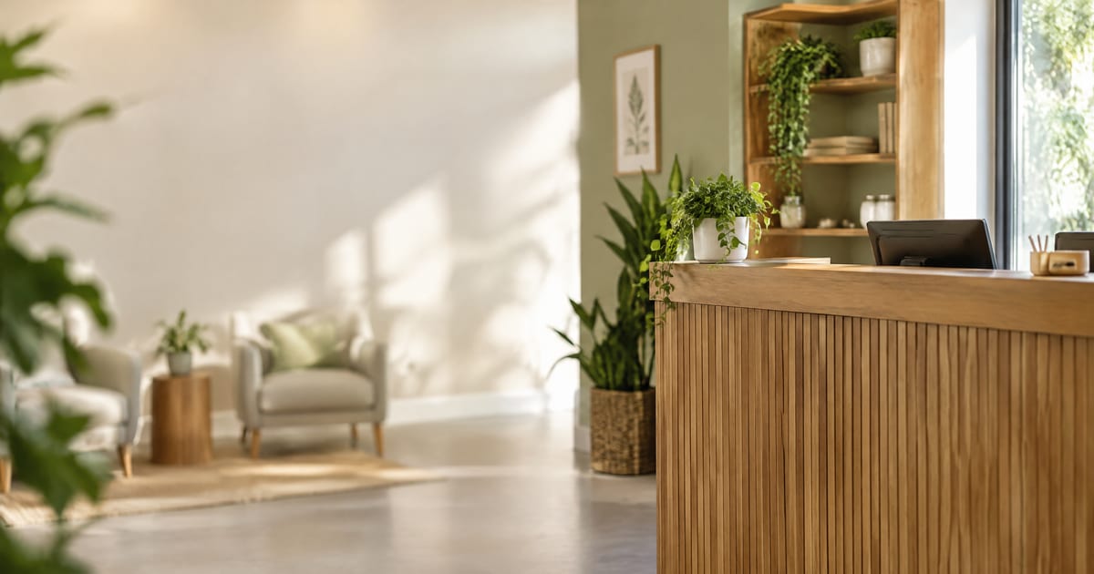Calm clinic reception area with a wood desk and plants
