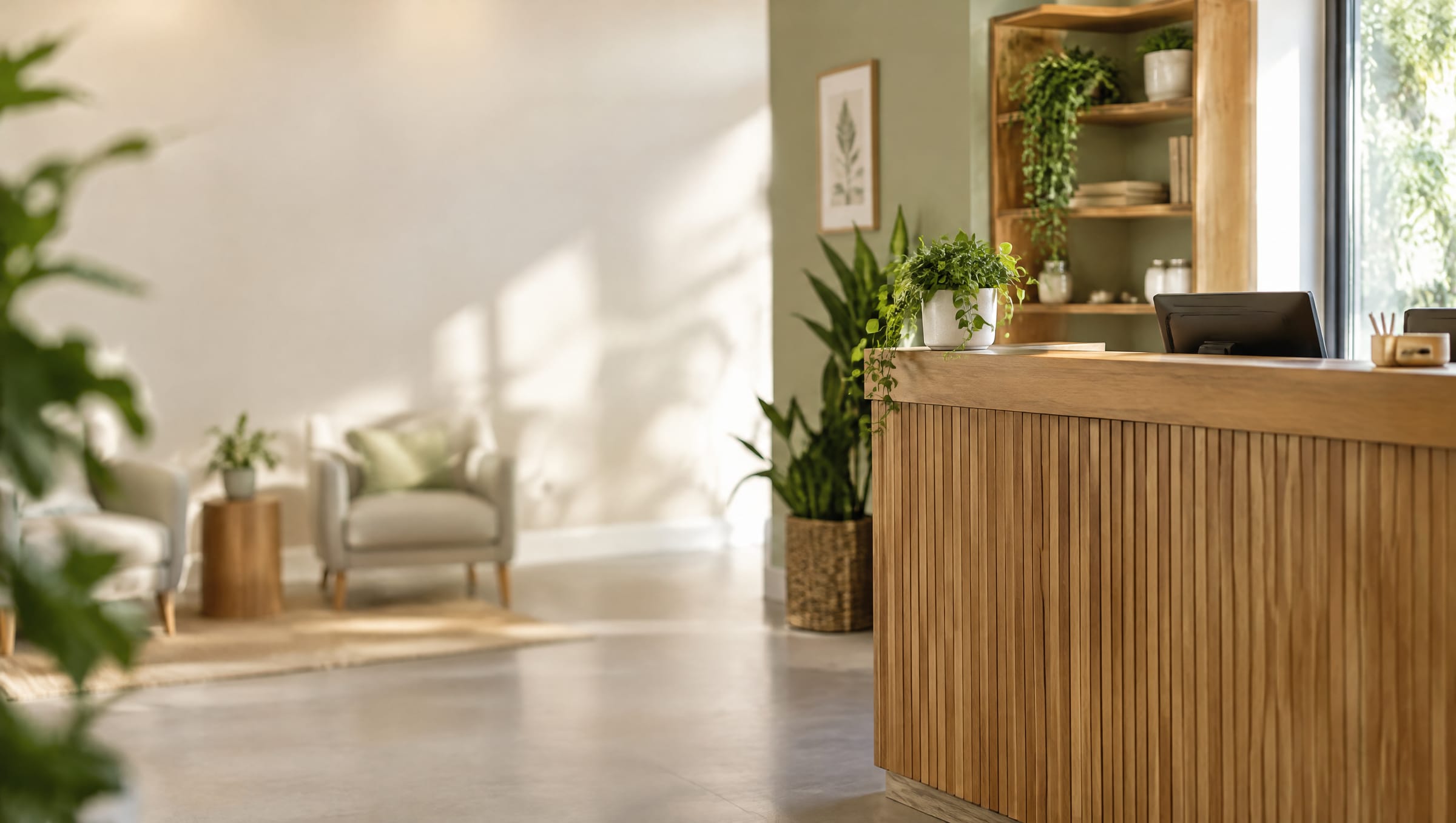 Calm clinic reception area with a wood desk and plants