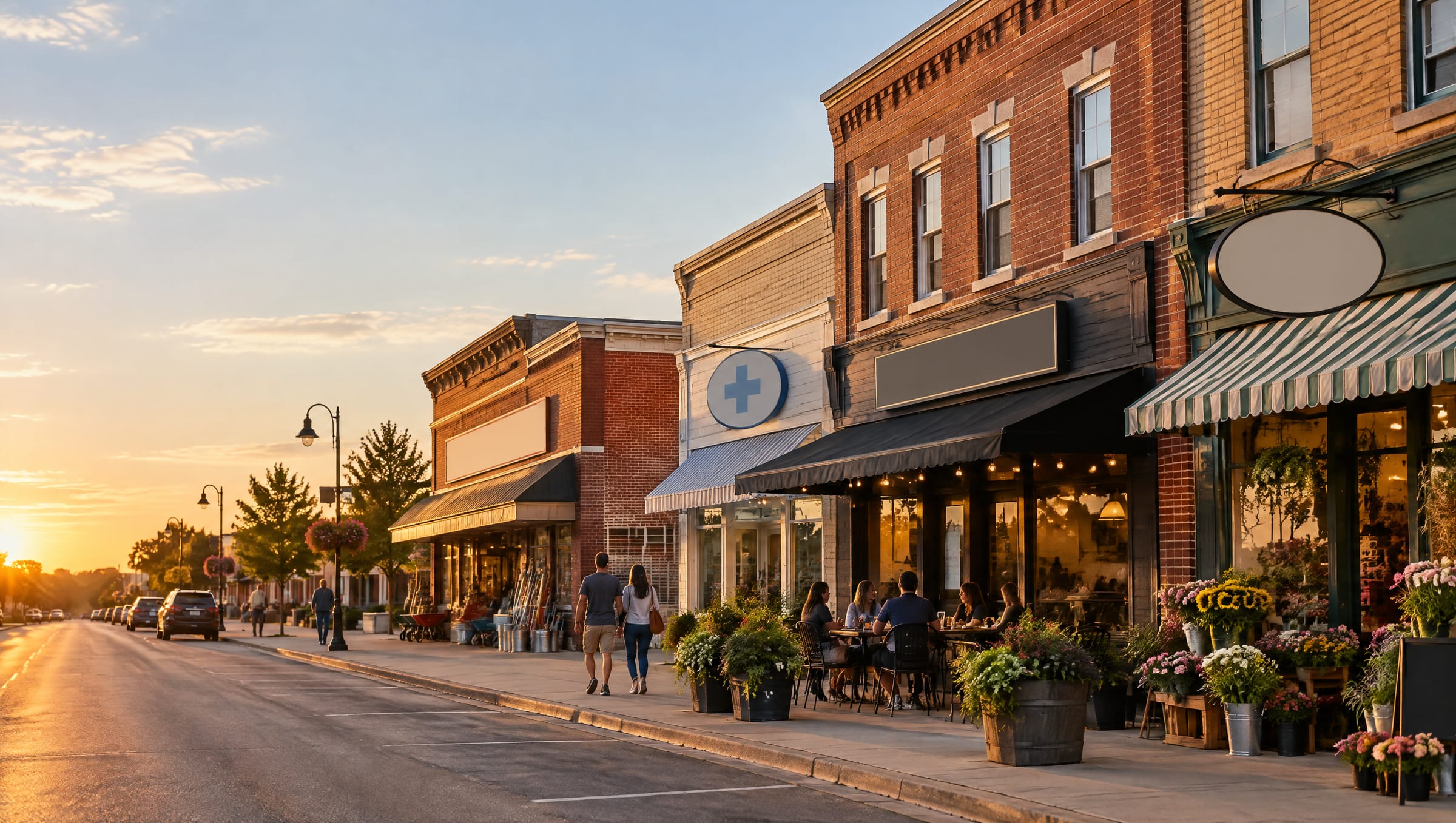 Main street of local shops and a cafe at sunset