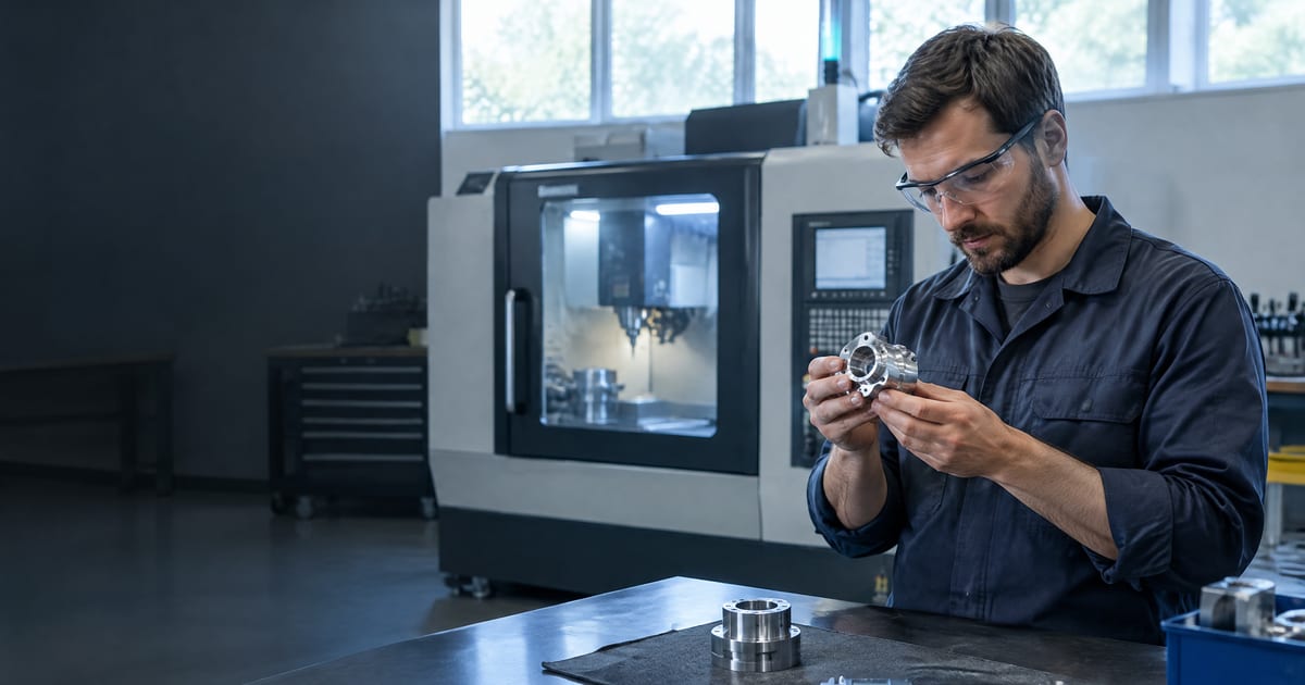 Machinist inspecting a precision steel part beside a CNC machine