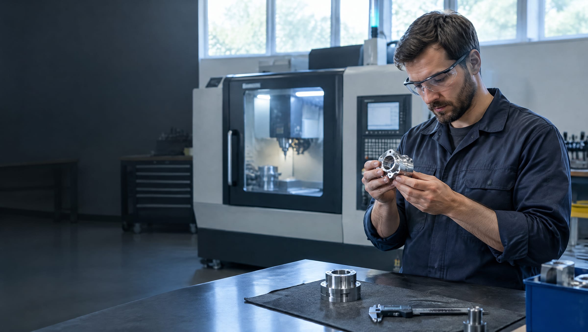 Machinist inspecting a precision steel part beside a CNC machine