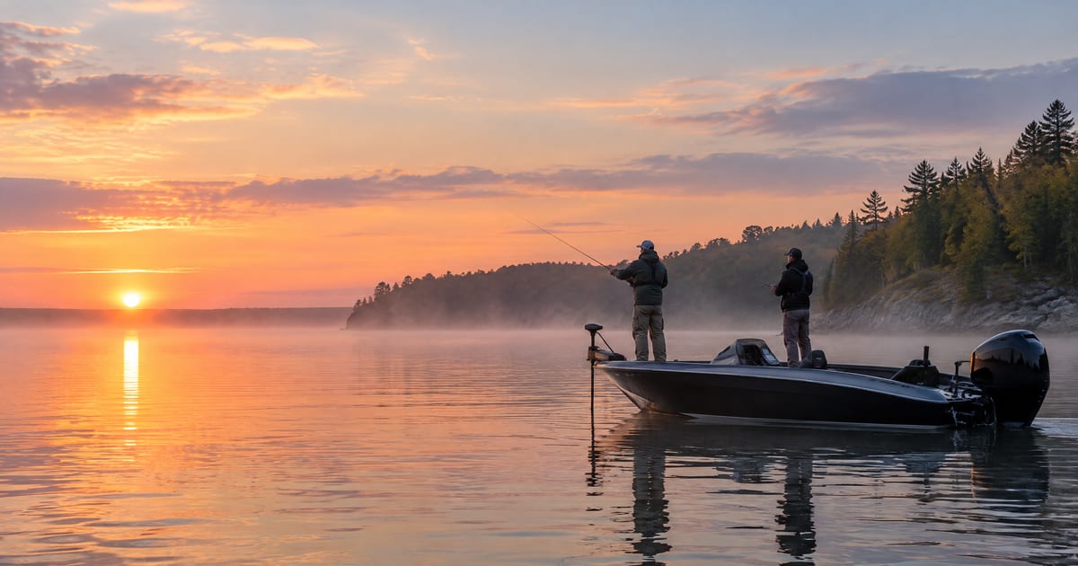 Two anglers fishing from a guide boat on a misty bay at sunrise