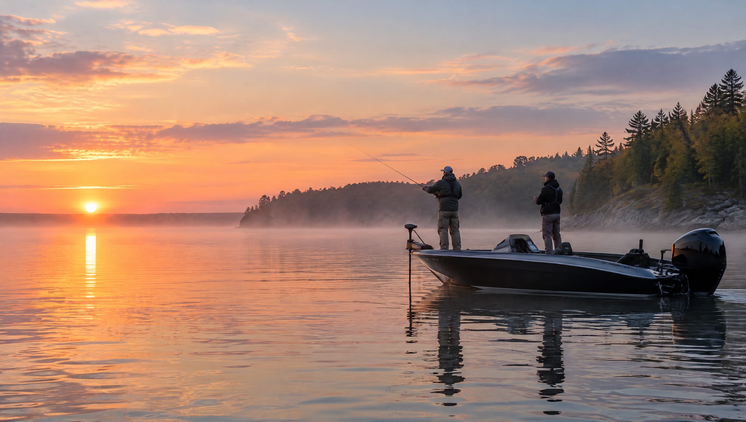 Two anglers fishing from a guide boat on a misty bay at sunrise