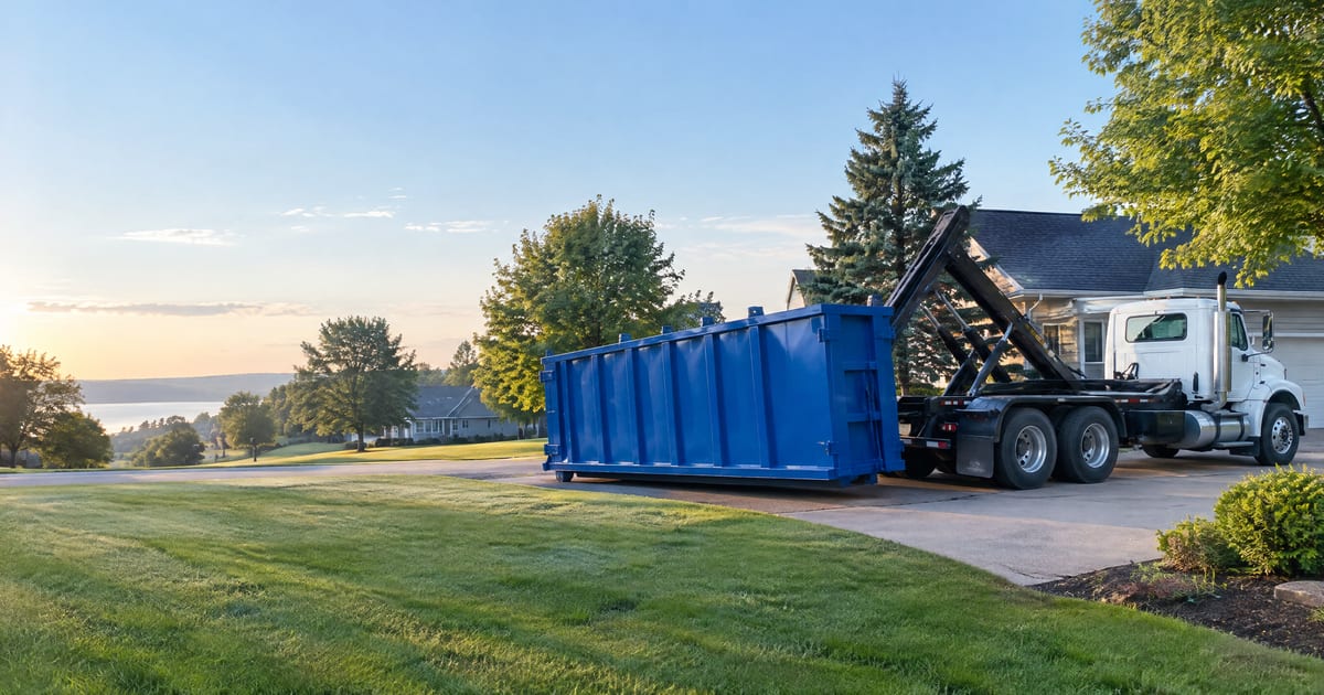 Roll-off truck delivering a dumpster to a home driveway