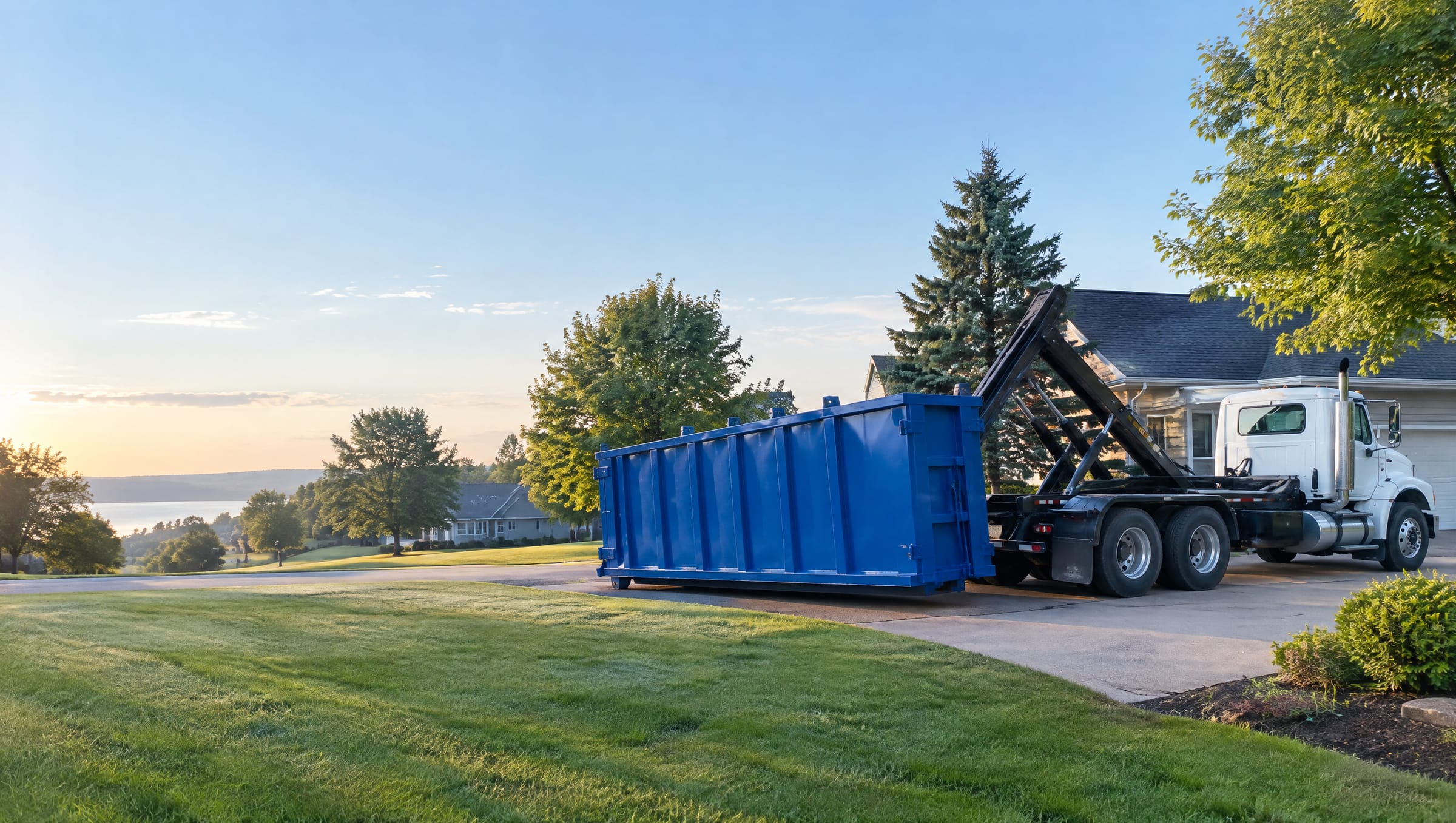 Roll-off truck delivering a dumpster to a home driveway
