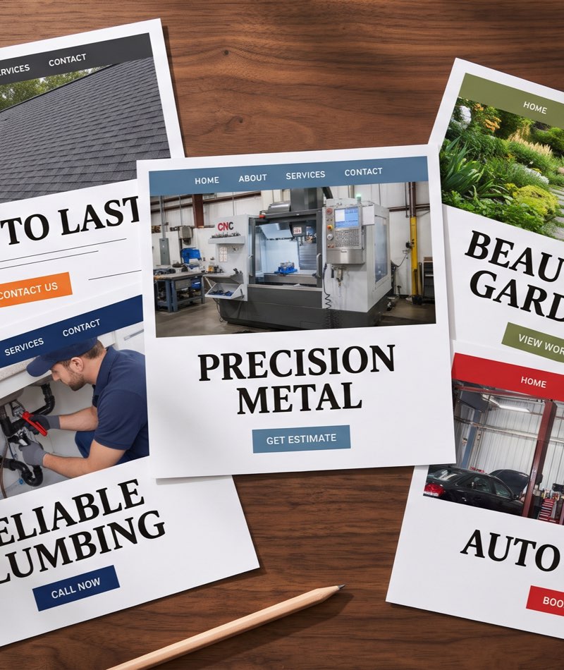 Printed homepage designs for a roofer, metal fabrication shop, plumber, landscaper and auto repair garage on a wooden desk